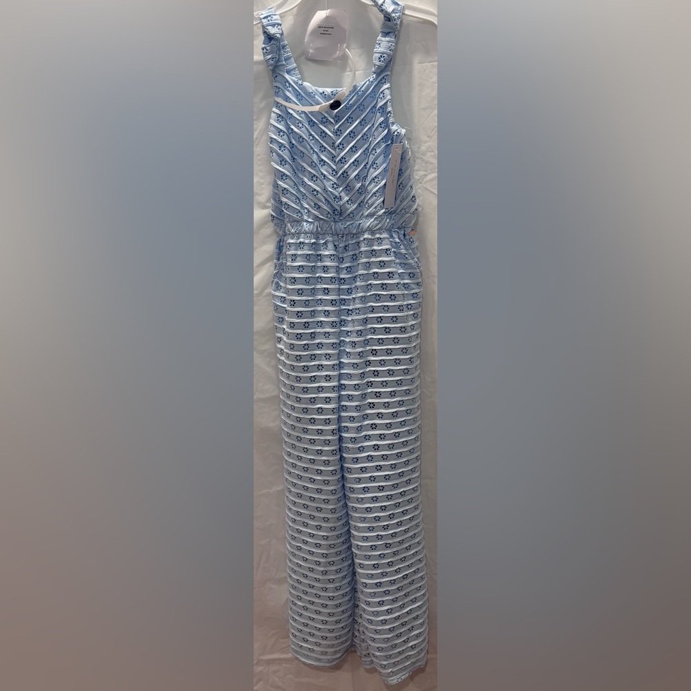 Tahari NWT girls’ light blue eyelet long jumpsuit with headband accessory. Sweet